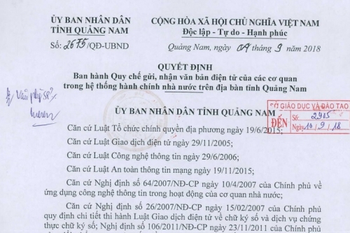 Quy chế gởi nhận văn bản điện tử trong hệ thống hành chính nhà nước trên địa bàn tỉnh Quảng Nam.